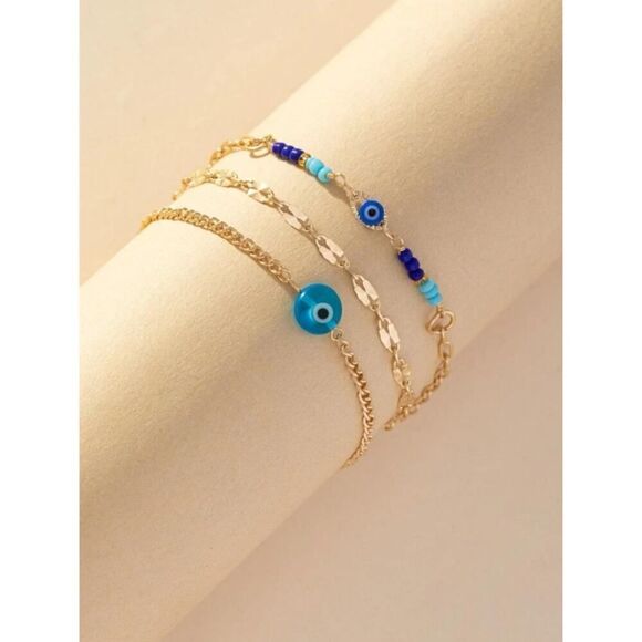 3 Pieces/Set Blue Evil Eye Ankle Bracelets Women Beach Vacation Style - Picture 1 of 3